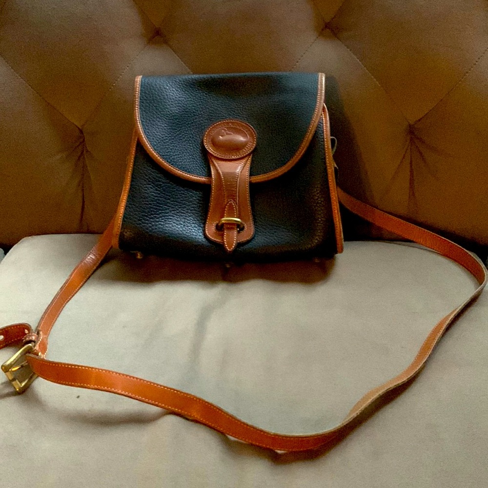 Dooney & Bourke Vintage Navy Cognac Leather Shoulder Bag Long Strap